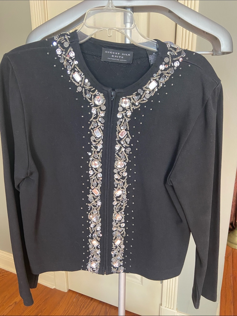 August Silk Black Jeweled Trim Zip Cardigan Size Medium